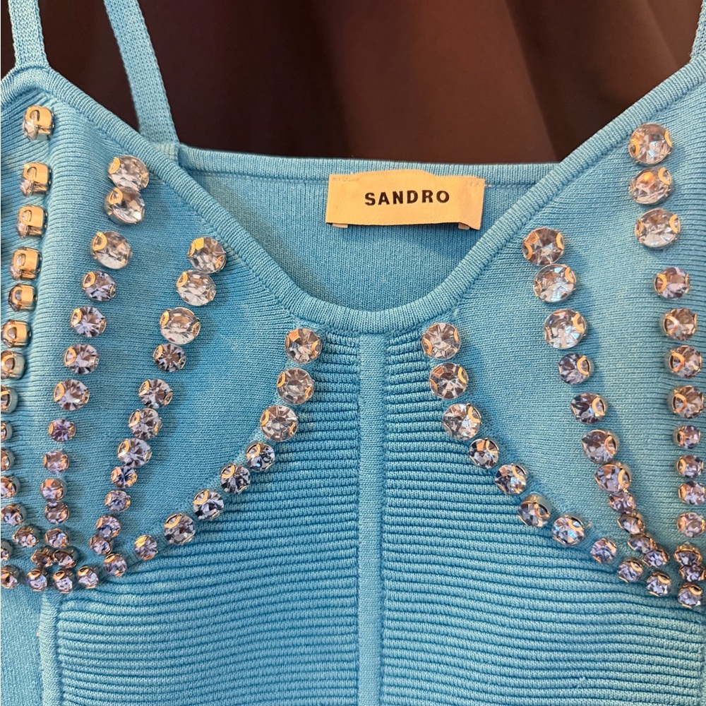Sandro Sky Blue Crystal-Embellished Ribbed Tank